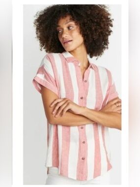 Marine Layer Dana Linen Blend Red White Striped Short Sleeve Top S